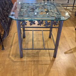 Glass Top End Tables With Metal Frame With Leaves & Riding Cowboy On Horse
