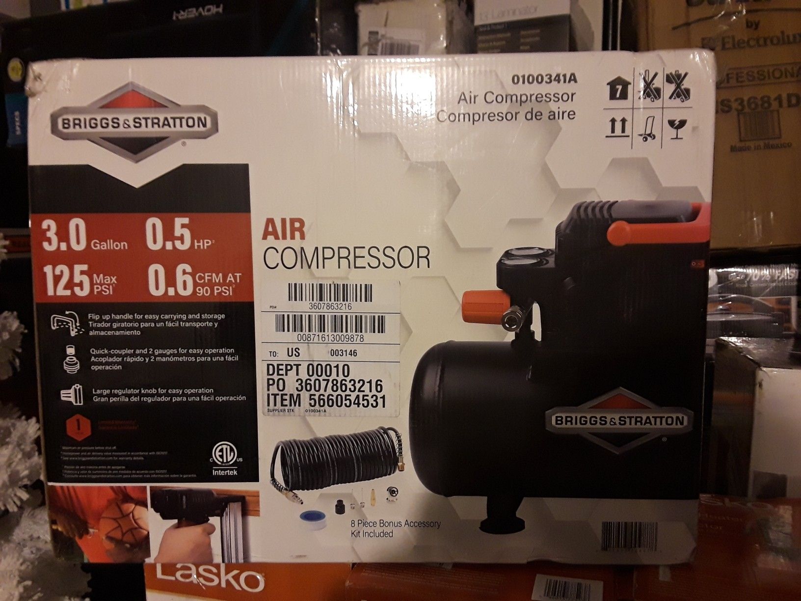 Briggs & Stratton 1000985 100 PSI 0.3 HP 3 gal Horizontal Portable Air Compressor Kit, Black Briggs & Stratton