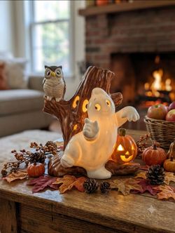 Vintage 1980's Heartlibe Ceramic Halloween Ghost, Owl, and Pumpkin Tree Stump Decoration