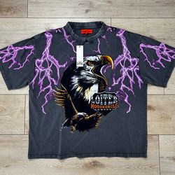 Loiter Motorcycle Company vintage-style graphic t-shirt features a lightning eagle