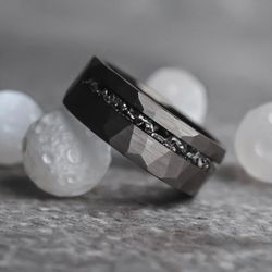 Men’s Silver Hammered Meteorite Ring Band - TitanDiamond