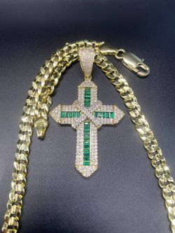 14K Stamped Gold Emerald Diamond Cross Chain 24IN *Stamp Included*