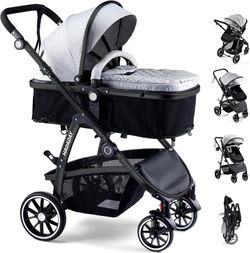 ONLY $95: Baby Stroller, 2-in-1 Reversible ToddlerSeat with Lie-Flat Mode, Foldable Infant Stroller with Canopy, One Button Brake, Adjustable Handle, 