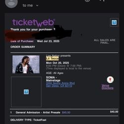 Lil Tecca General Admission Ticket - Soma San Diego 