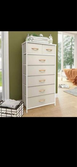 Beige Storage Tower Organizer with Drawers – Fabric Dresser Cabinet – Space Saving Storage Unit – New