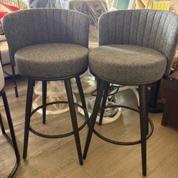 2 x Gray Swivel Bar Stools, 28" Seat Height, Modern Design Upholstered Barstools with Back and Footrest, Metal Legs, Suitable for Kitchen Island, Coun