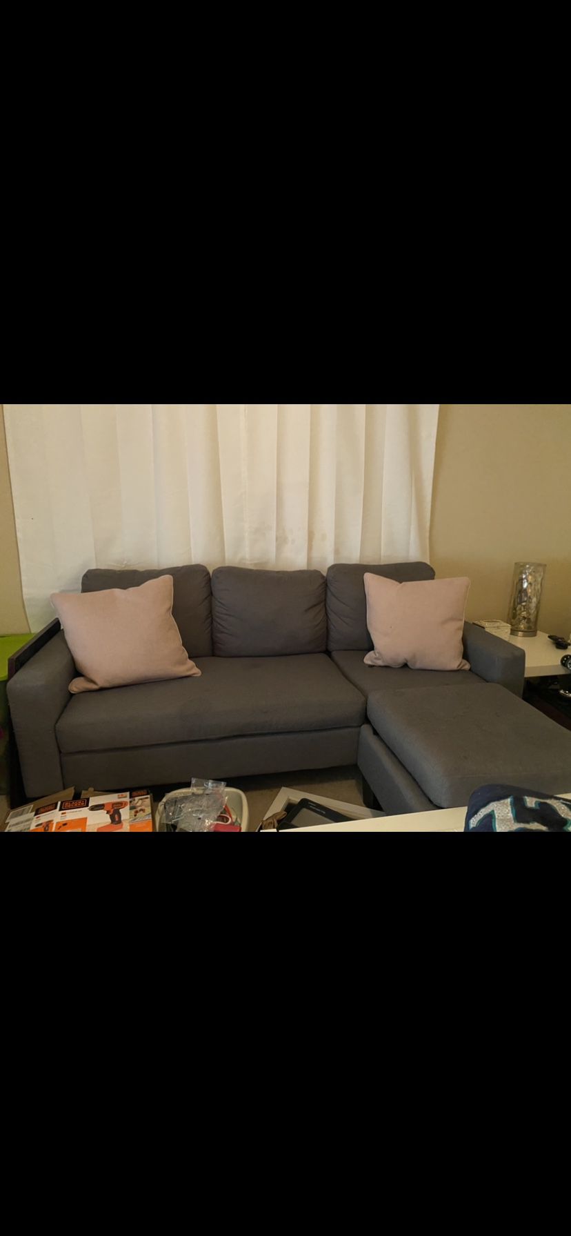 Grey L-shaped couch