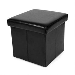 Black Faux Leather Storage Ottoman Cube - Folding - Footrest + Storage Box