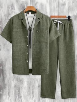 Men's Olive Green Linen Two-Piece Set