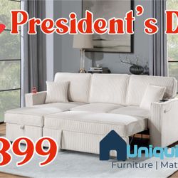 Ivory Corduroy Sleeper Sofa With Reversible Storage Chaise 