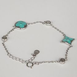 Dainty Silver Bracelet With Blue Enamel Motif Charms 7.5"