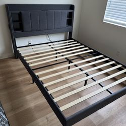 Queen size Gray Upholstery Bed Frame with Storage and USB Outlet Very Clean and Good Condition 