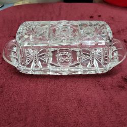 Anchor Hocking Star Pattern Vintage Crystal Rectangle Glass Covered Butter Dish 8 Inch 