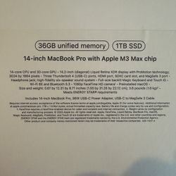 Like New Apple MacBook Pro M3 Max 14 inch 1TB 36GB 14" with AppleCare+ Warranty through May 2026