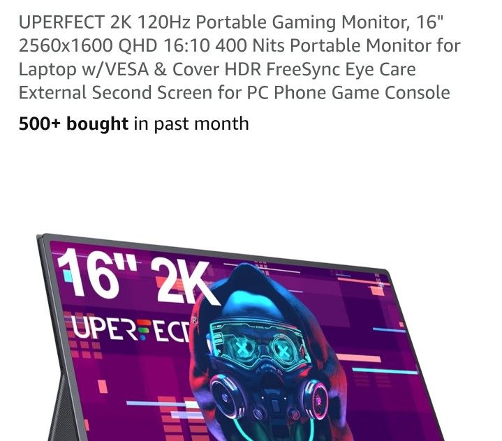 UPERFECT 2K 120Hz Portable Gaming Monitor, 16" 2560x1600 QHD 16:10 400 Nits Portable Monitor for Laptop w/VESA & Cover HDR FreeSync Eye Care External 