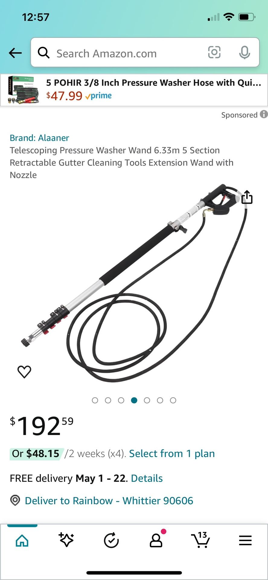 24 FT Pressure Washer Extension Wand, Extension Pole for Pressure Washer with Gutter Extension, and 5 Spray Nozzle Tips for Roof Fence Window Washing