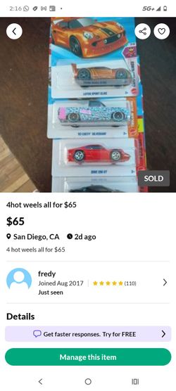Lot of 4 hot weels all for $65