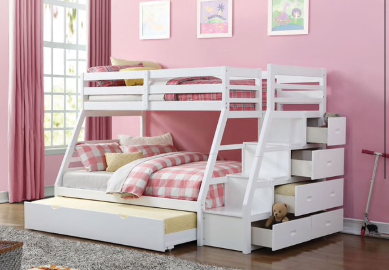 Brand New White Bunk Bed With Trundle and walkway