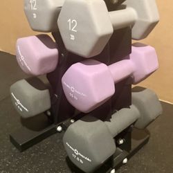 Cast Iron Neoprene Coat ...Set of Dumbbells with Rack; pairs of  12s, 15s and 17.5 lbs.