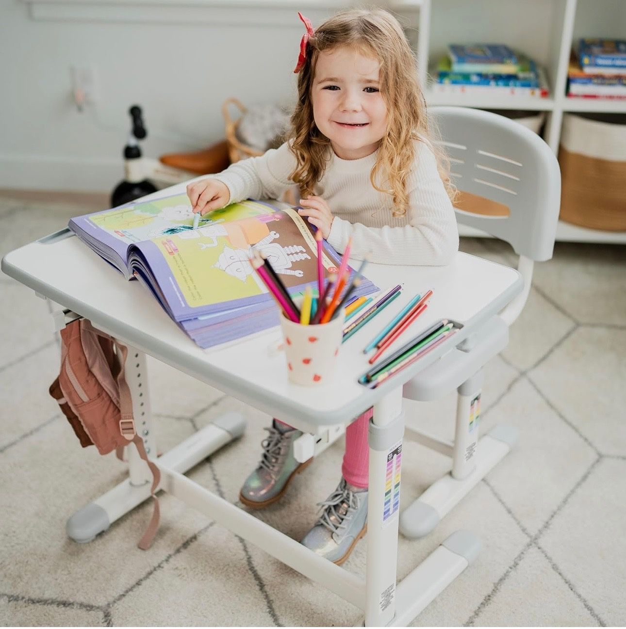 Healthy Ergo Kids Desk and Chair Set Height Adjustable up to 30" Ergonomic Kids Desk School, Kids Table and Chairs for Student 26" x 18" Tabletop with