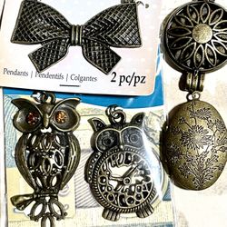 Bronze Assorted Pendants, Owl, Locket, Bow, 5pc
