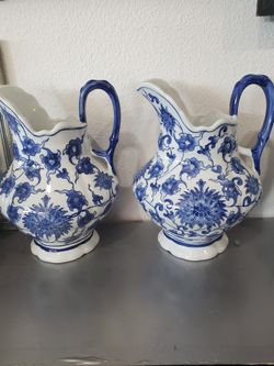 2 Vintage  Blue & White Porcelain Pitchers