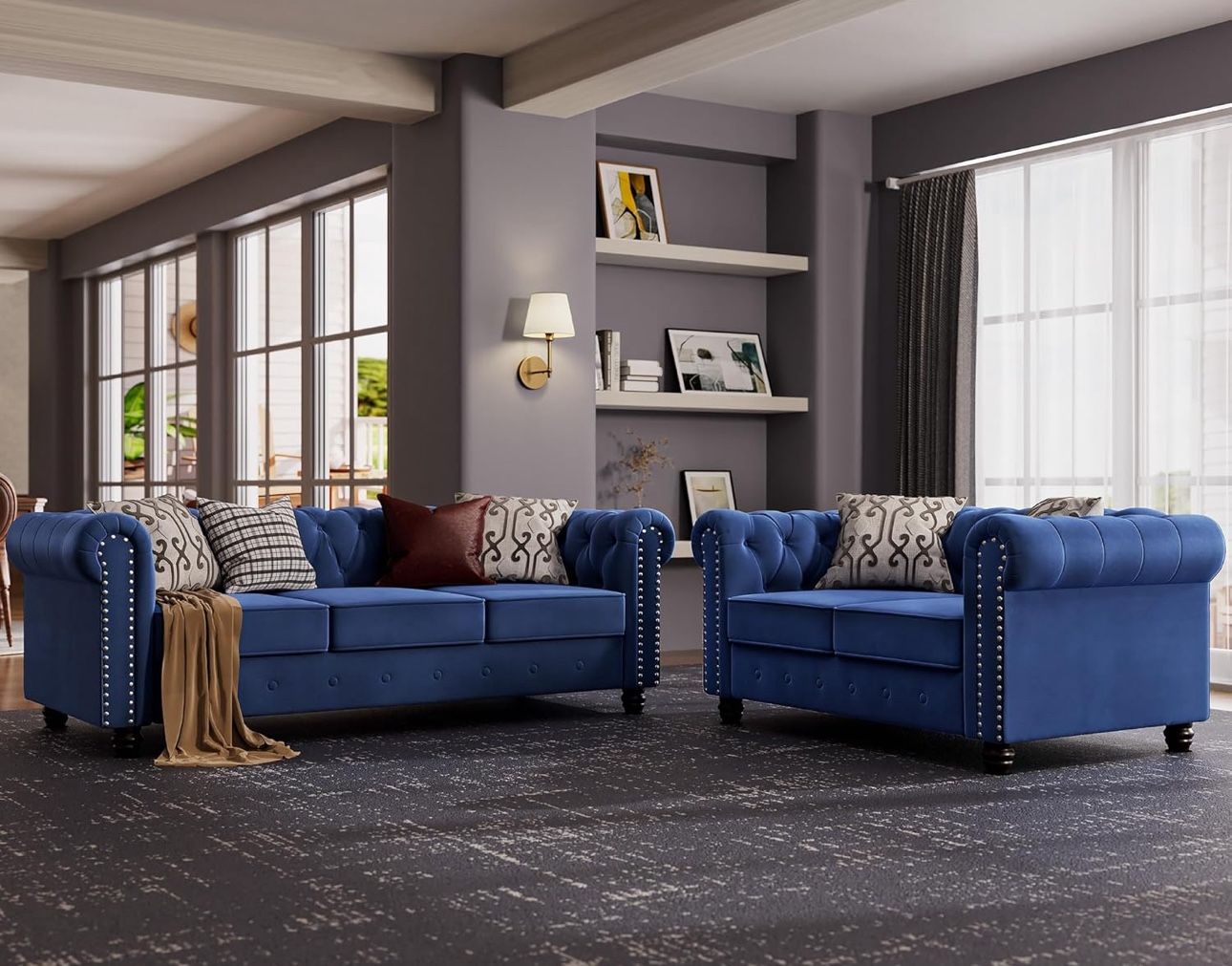 2 - Piece Living Room Set,living Room Sofa And Loveseat, Living Room Velvet Blue Couch, Office Sofa, Office Couches