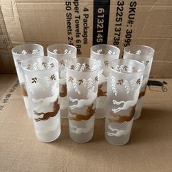 Vintage Frosted Glasses with Horse Design – Set of 7