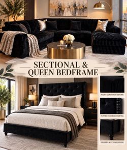 πFree Delivery! Flash Sale! Brand New Black Corduroy Sectional Sofa & Queen size Bedframe includes Mattress