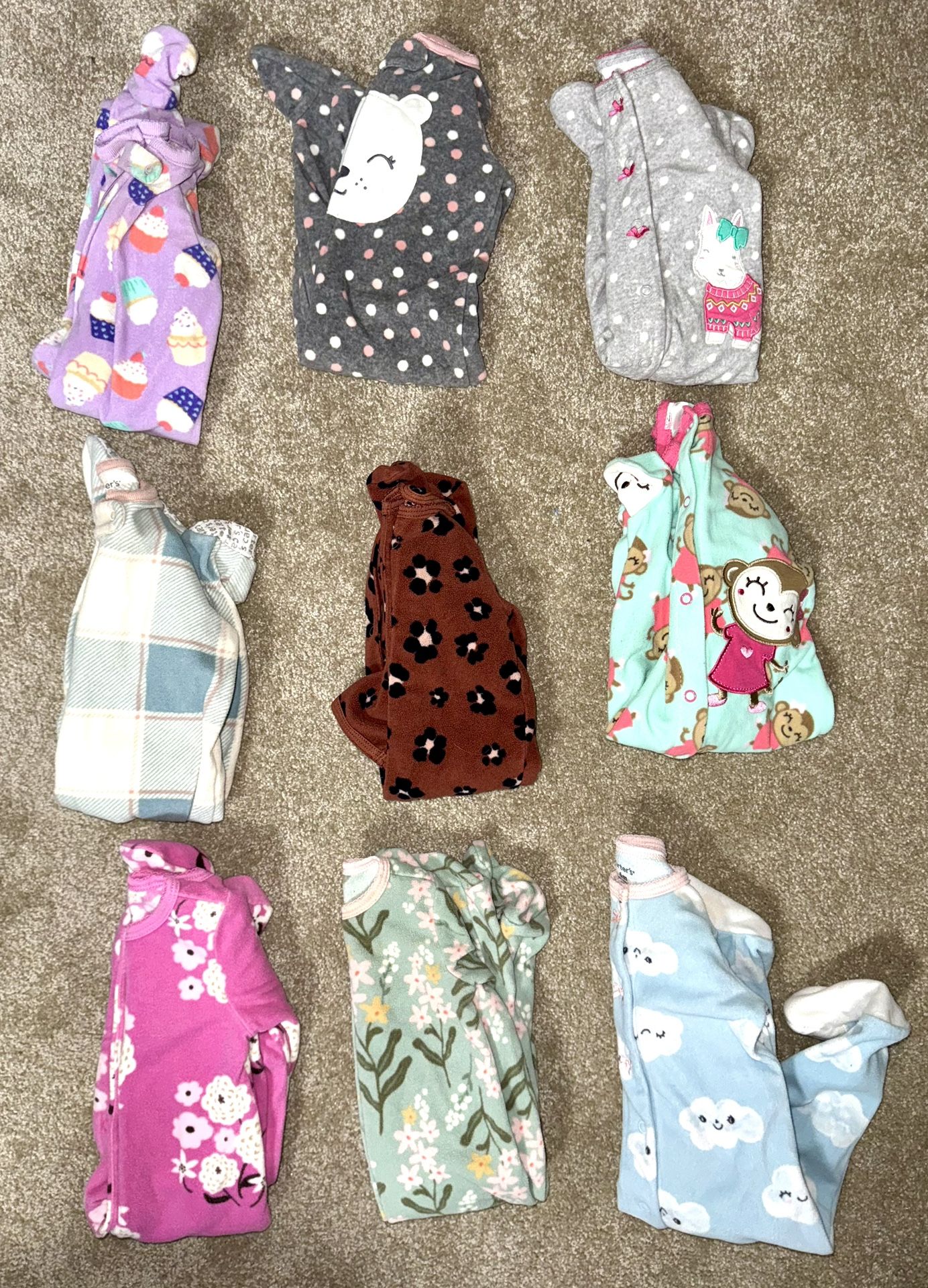 3-6 Months, 9 Warm Fleece Pajamas