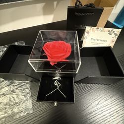 Preserved Real Roses with Heart Necklace and ring I Love You,