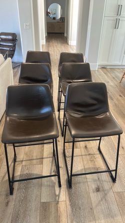 Set of 6 Brown Faux Leather Bar Stools