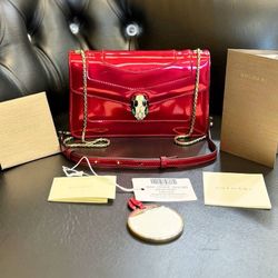 Bvlgari Serpenti Forever Square Crossbody Shoulder Bag Metallic Red Leather Small Tag& mirror