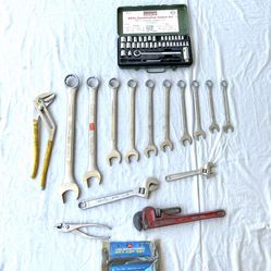 Great Condition 1-3/4” To 3/4” Open Ended Wrenches, socket, ratchet, set heavy duty, pipe wrench, and more tools