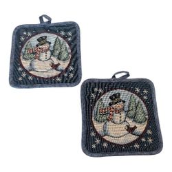Vintage Set Of 2 Tapestry Winter Holiday Snowman Pot Holders Potholders