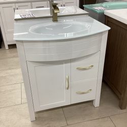 30” Bathroom Vanity Cabinet New PVC With Glass Top Sink Integrated Ready For Pick Up Today