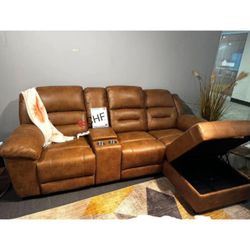 Leatherette Saddle Brown Reclining Sectional Sofa 