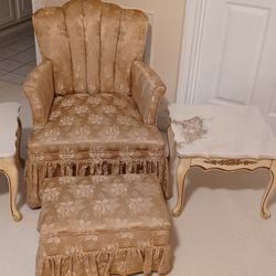 4 Pc French Provincial Parlor Set (Victorian Chair, Stool, 2 Marble Top Tables)