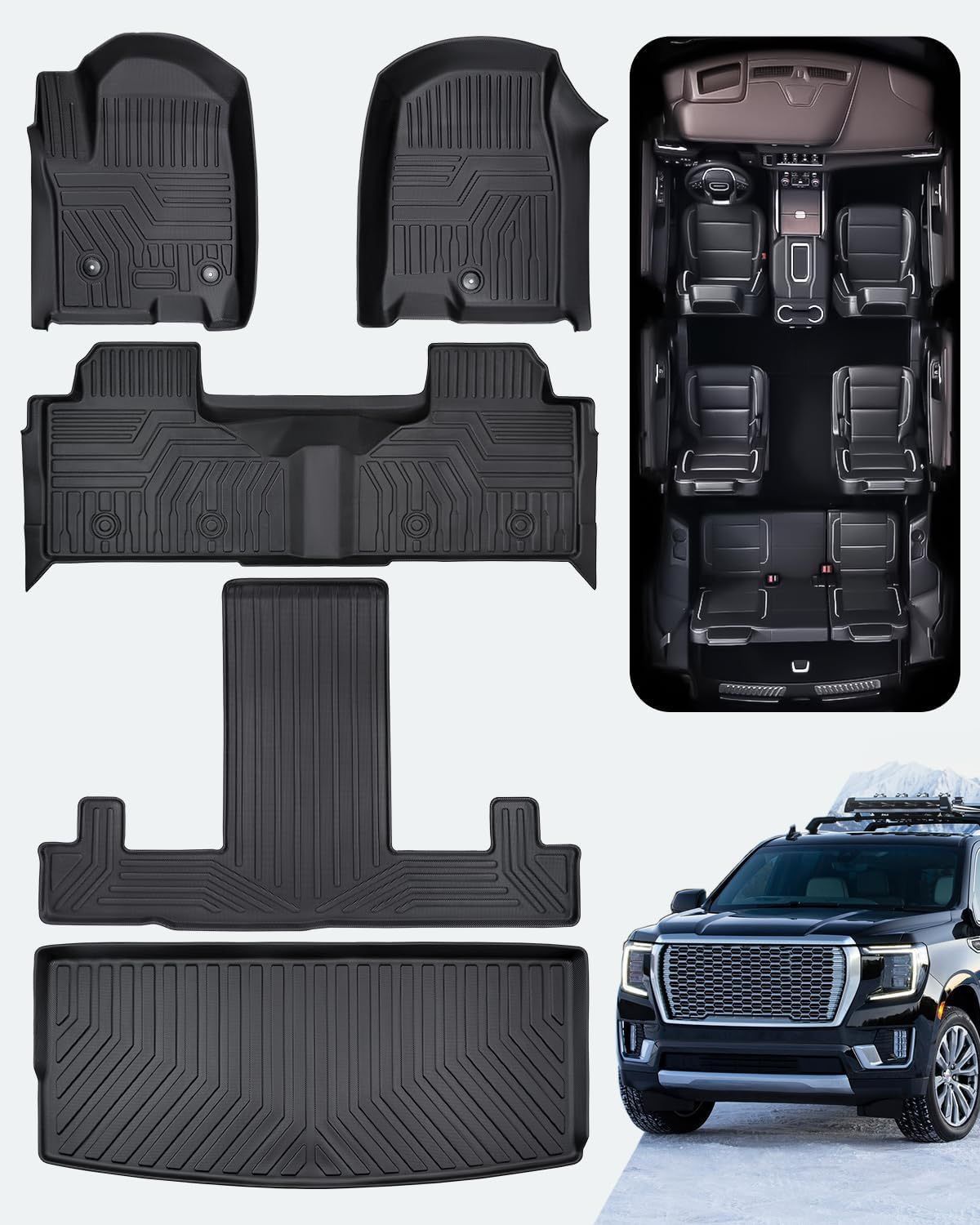 3-Row Floor Mats & Cargo Liner Set for 2021–2024 Chevy Tahoe GMC Yukon