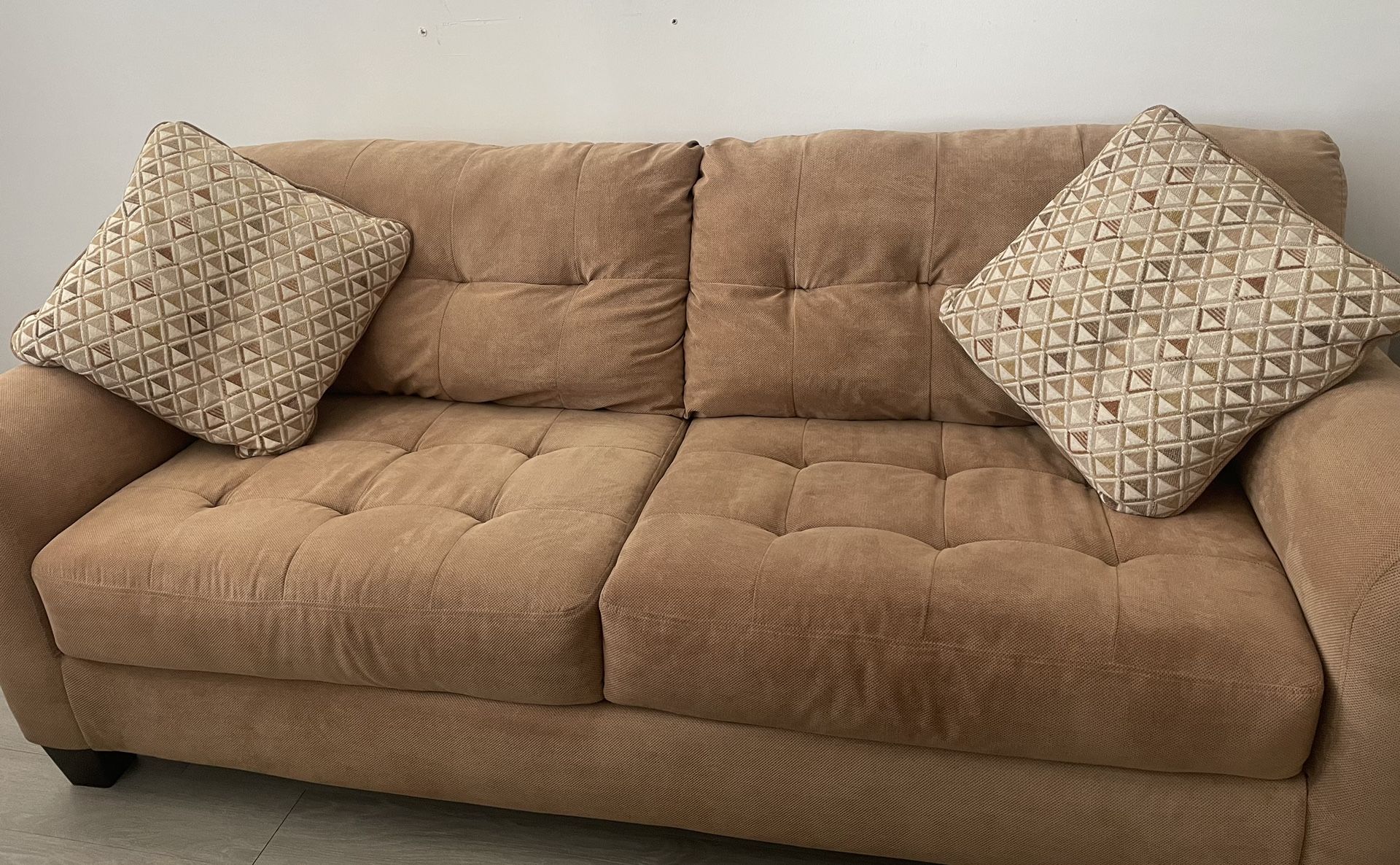  Comfy Suede Beige/ Brown Couch W/ Love Seat