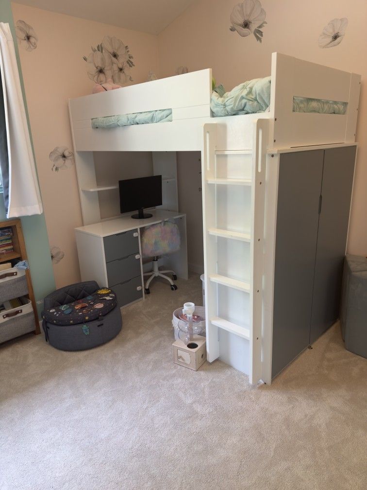 Child's Lofted Bed With Desk And Closet