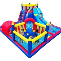 4870: Inflatable Water Slide Park for Party Fun,15x15FT, Big Splash Pool, Long&Short Slides, Fun Crawl Tunnel, Basketball Hoop, GFCI Blower,Bounce