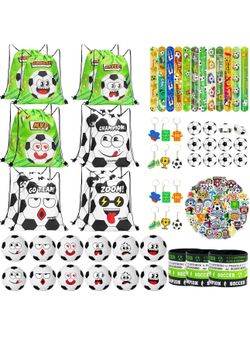 New 122 Pcs Soccer Party Favors for Kids - World Cup Goodie Bag Set with 12 Funny Face Drawstring Bags & Stress Balls, Pull Back Cars, Wristbands, Sla