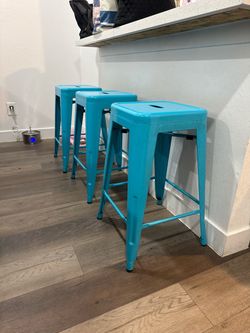 Set of 3 Teal Metal Bar Stools