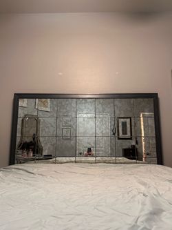 Solid Oak, metallic gunmetal grey, Antiqued mirror Queen headboard.