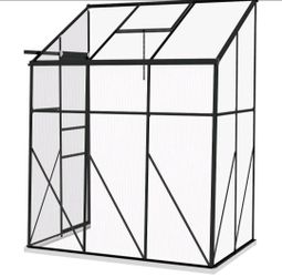 Outsunny 6' x 4' Walk-in Polycarbonate Greenhouse, Lean-to Aluminum Green House with Rain Gutter and Foundation, Black
