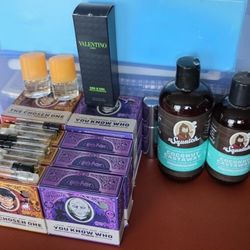Valentino UOMO, Clinique Happy, Samples Colognes, Deatomizer, and Squatch BRICK Soaps, Shampoo, and Conditioner For MEN