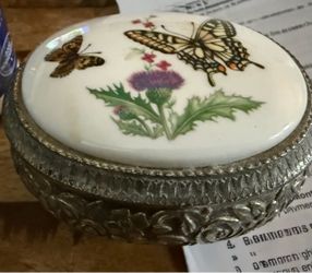 Vintage Porcelain and Silver-Tone Butterfly Music Trinket Box