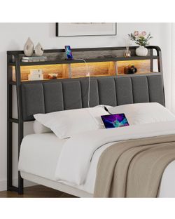 King size Upholstered Headboard w/ Storage, RGB LED Lights & Charging Station