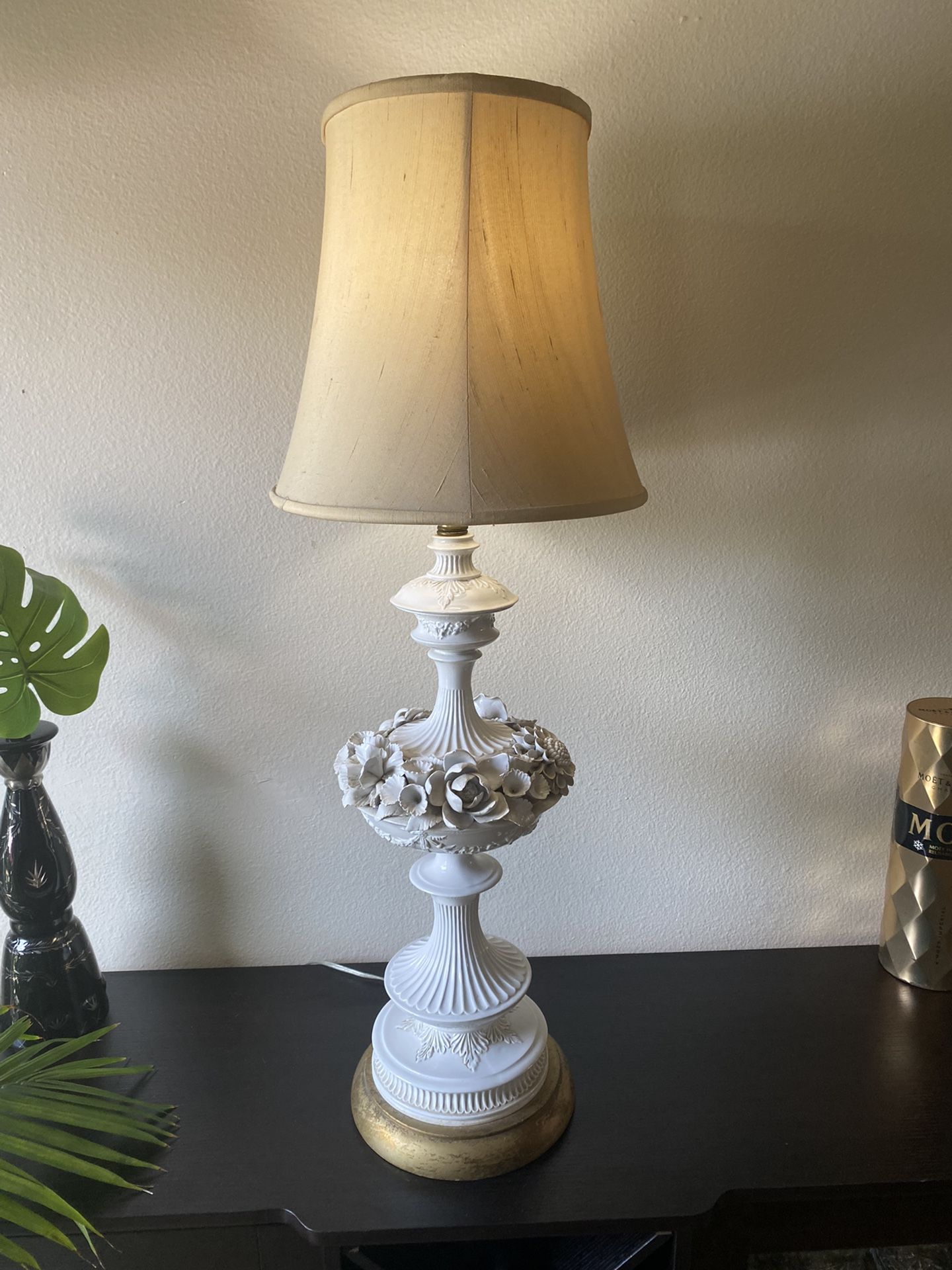 Vintage Victorian Lamp Light Fixture, White w/ Beige Lamp Shade, Floral Aesthetic
